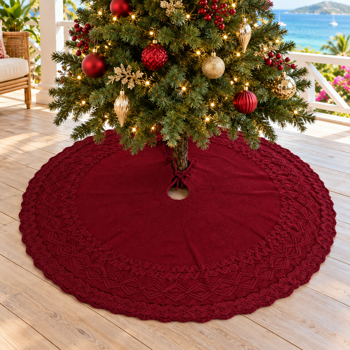 Burgundy Knit Christmas Tree Skirt – 48 Inches
