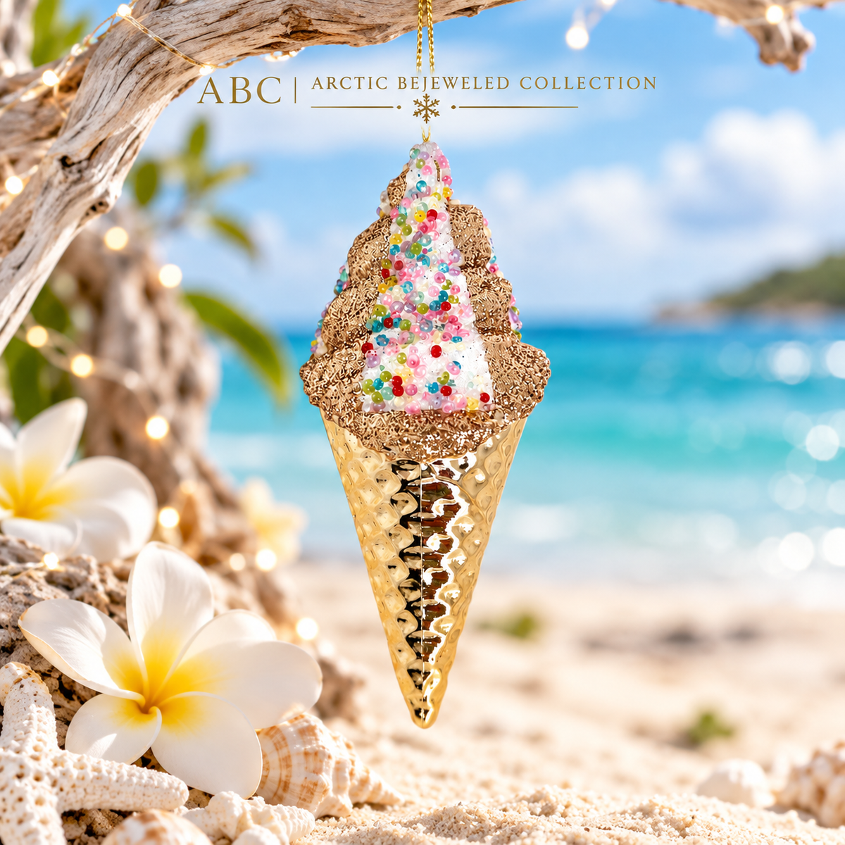 Gold Ice Cream Cone Christmas Ornament