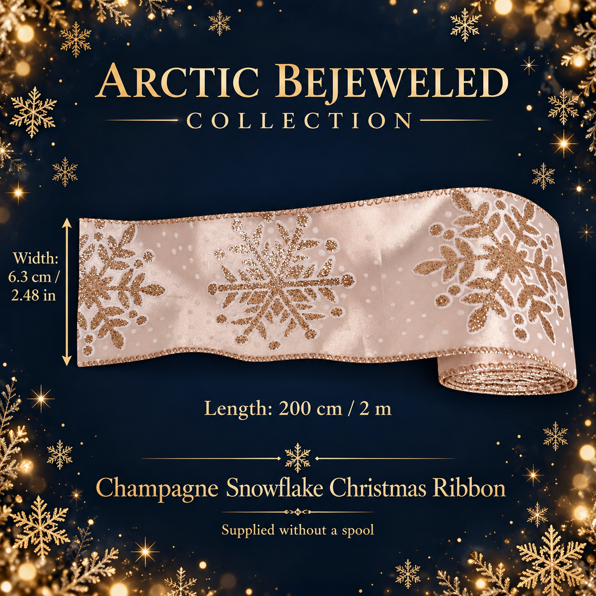Champagne Glitter Snowflake Christmas Ribbon – 2 m