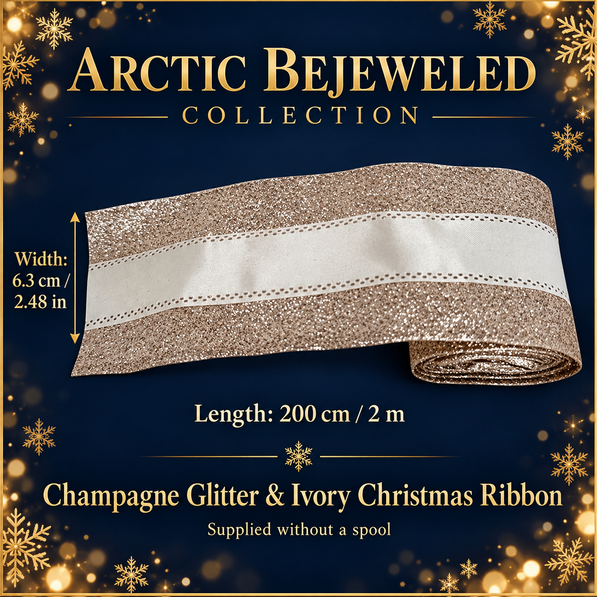 Champagne Glitter & Ivory Christmas Ribbon – 2 m