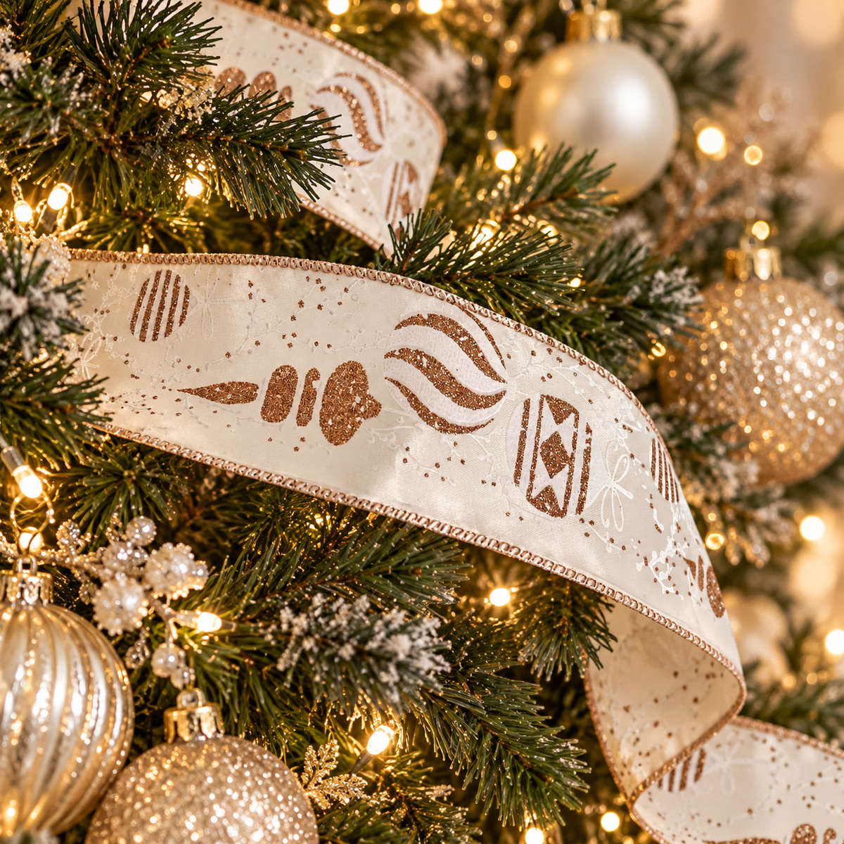 Ivory & Champagne Bauble Christmas Ribbon – 2 m