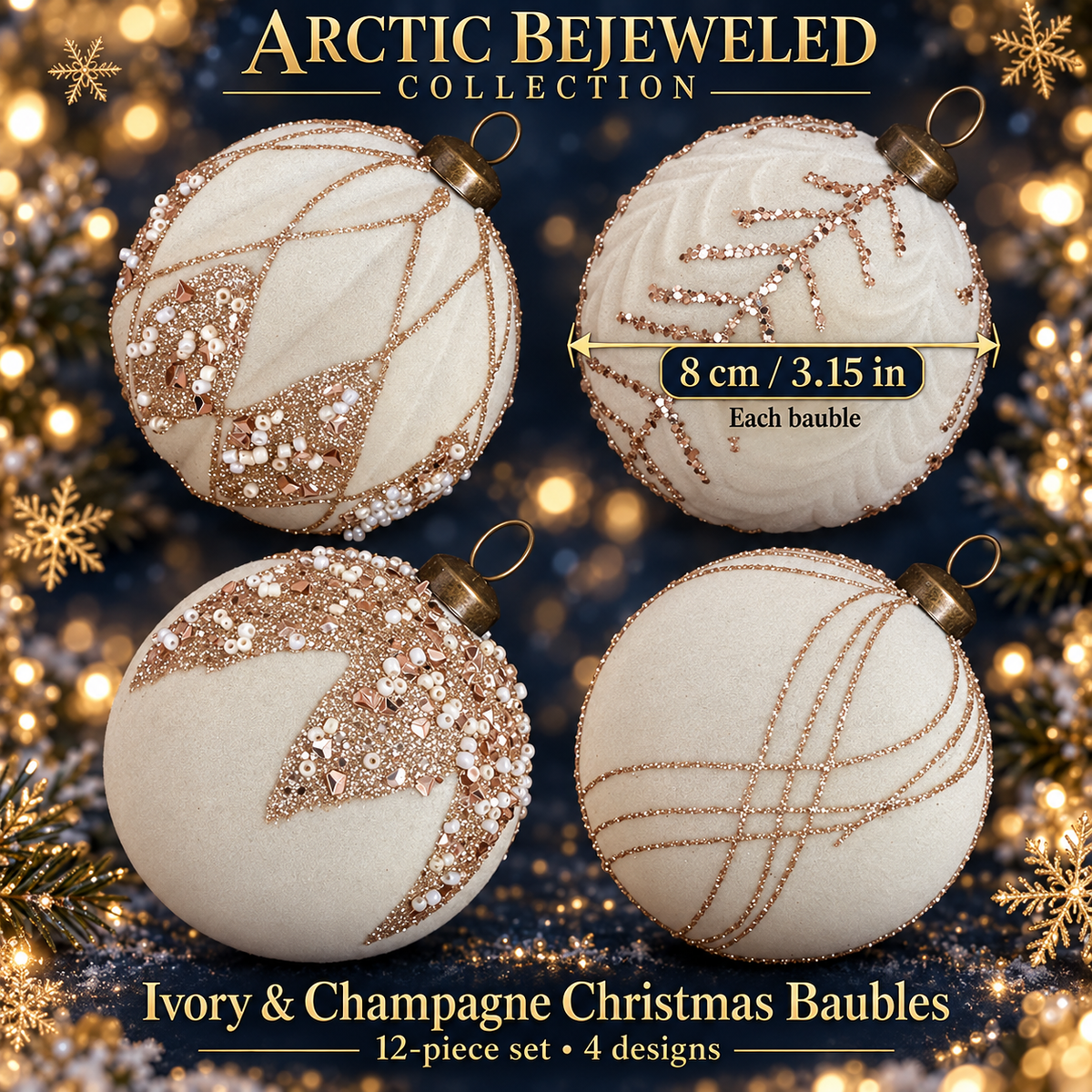 Ivory & Champagne Christmas Baubles – 12-Piece Set, 8 cm