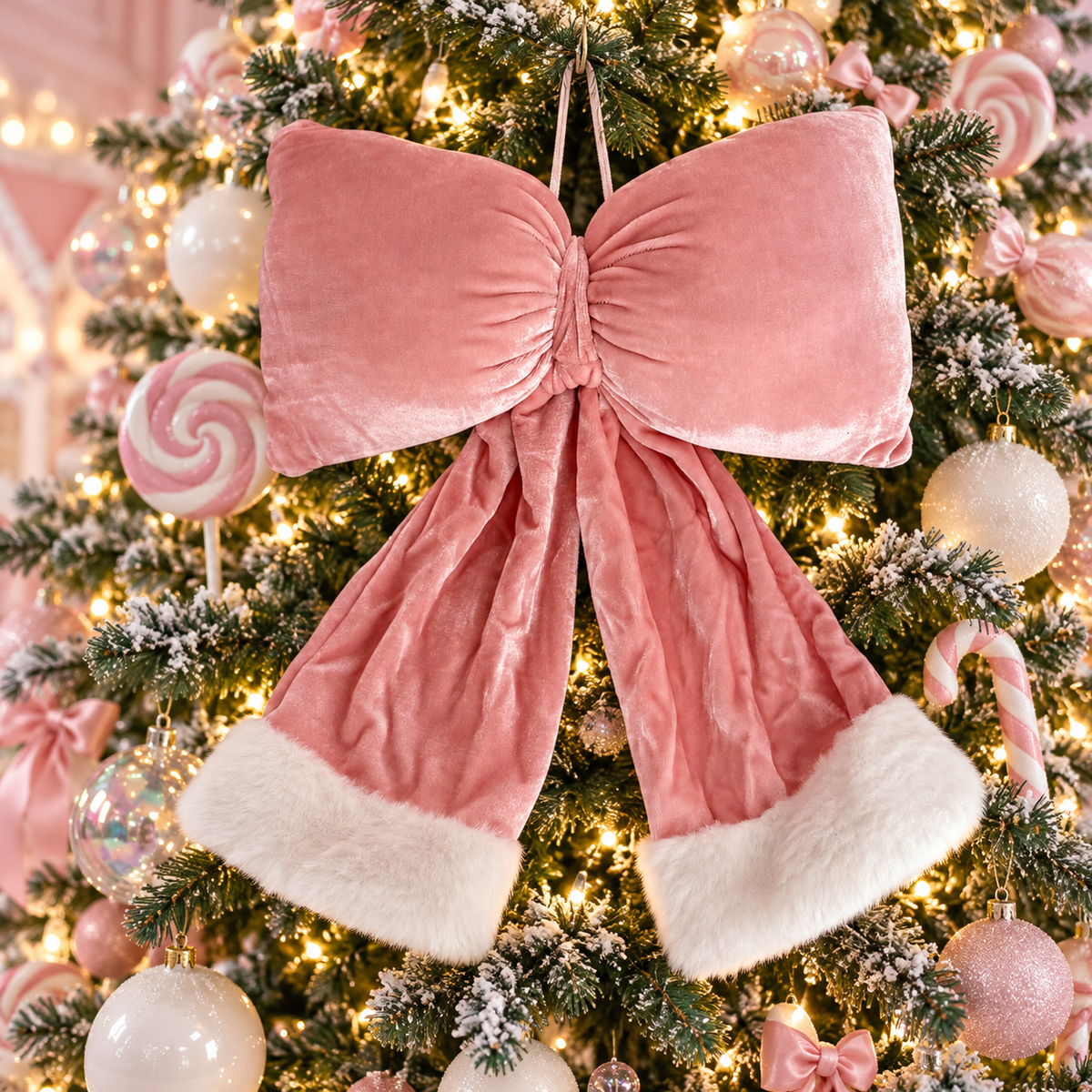 Large Pink Velvet Christmas Bow with Faux-Fur Trim – 33 cm