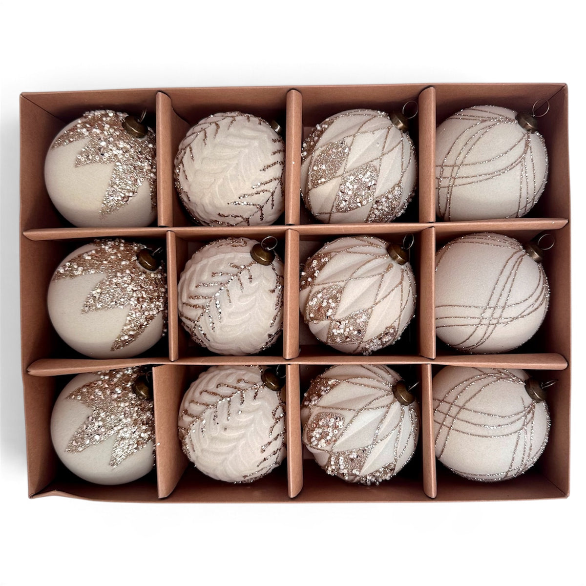 Ivory & Champagne Christmas Baubles – 12-Piece Set, 8 cm