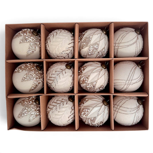 Ivory & Champagne Christmas Baubles – 12-Piece Set, 8 cm