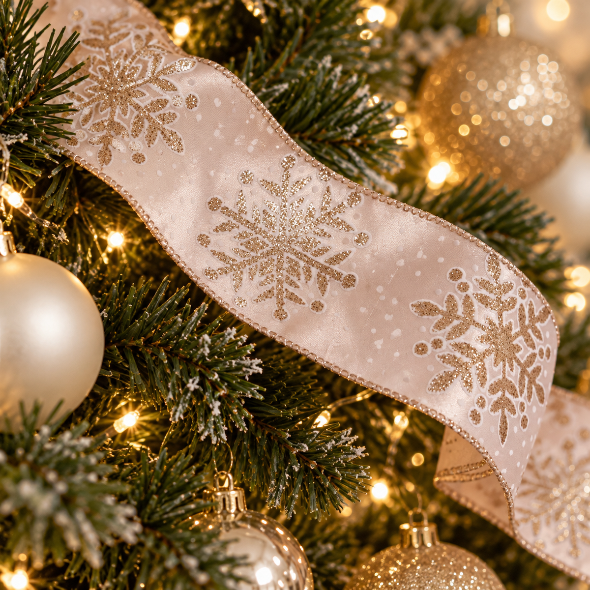 Champagne Glitter Snowflake Christmas Ribbon – 2 m