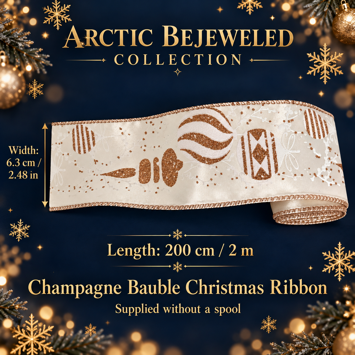 Ivory & Champagne Bauble Christmas Ribbon – 2 m