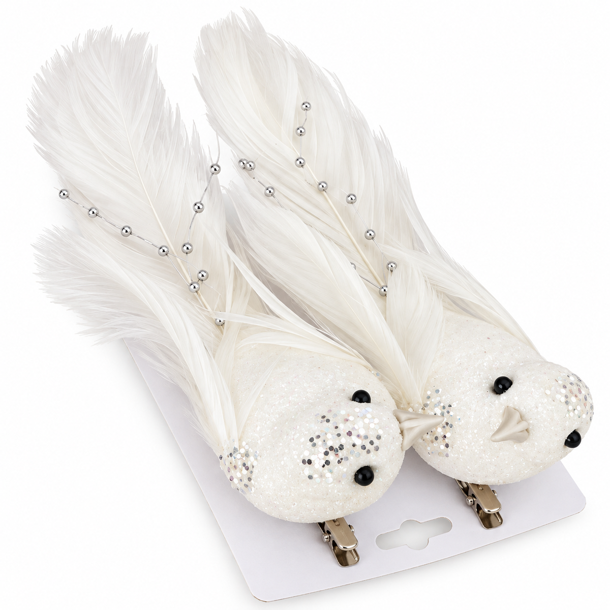 Set of 2 White Glitter Feather Bird Clip-On Ornament
