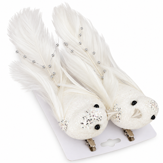 Set of 2 White Glitter Feather Bird Clip-On Ornament