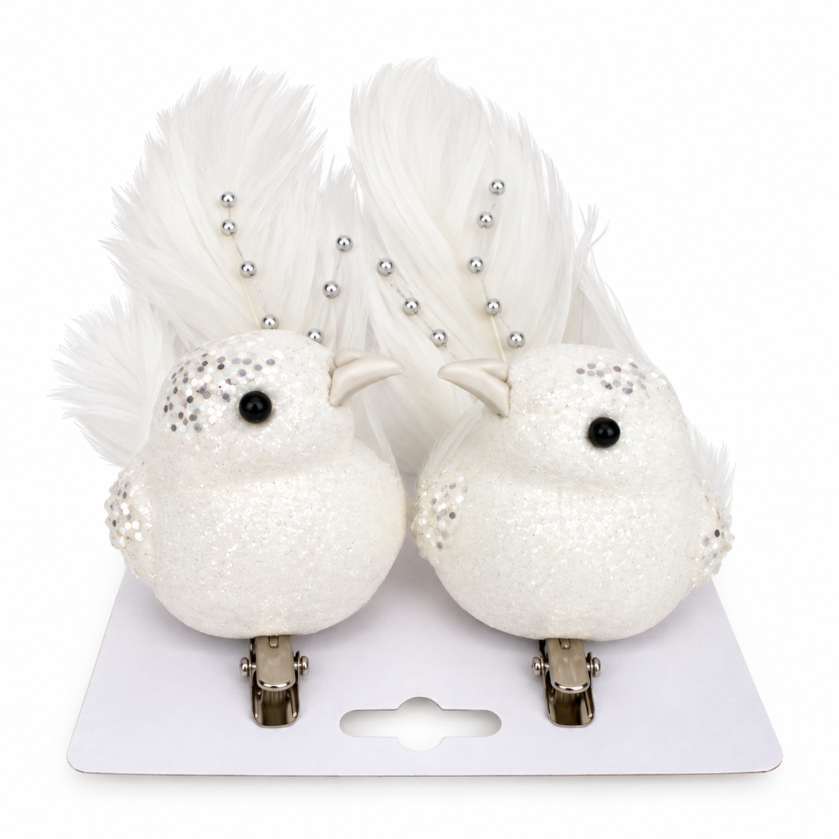 Set of 2 White Glitter Feather Bird Clip-On Ornament