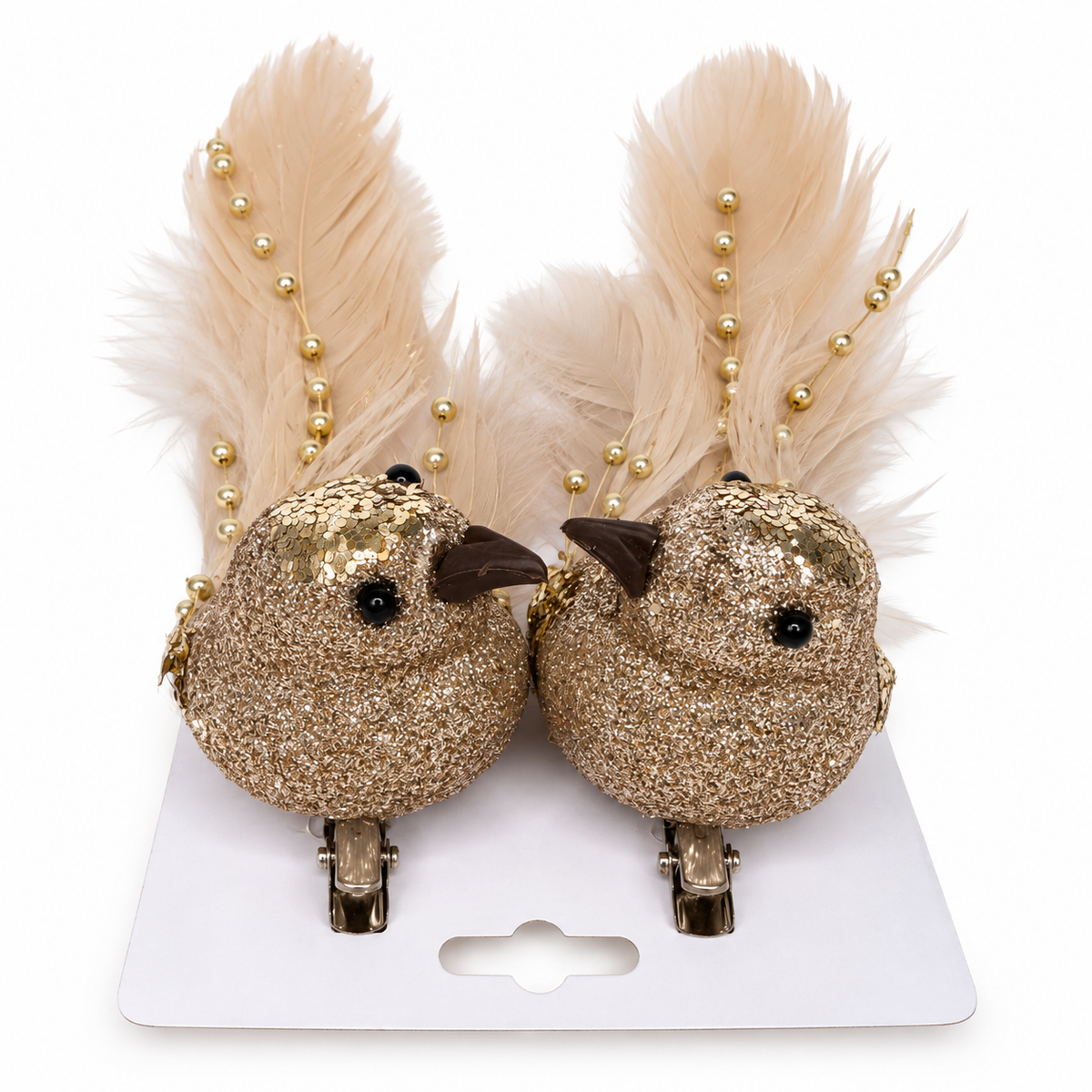 Set of 2 Champagne Gold Feather Bird Clip-On Ornaments