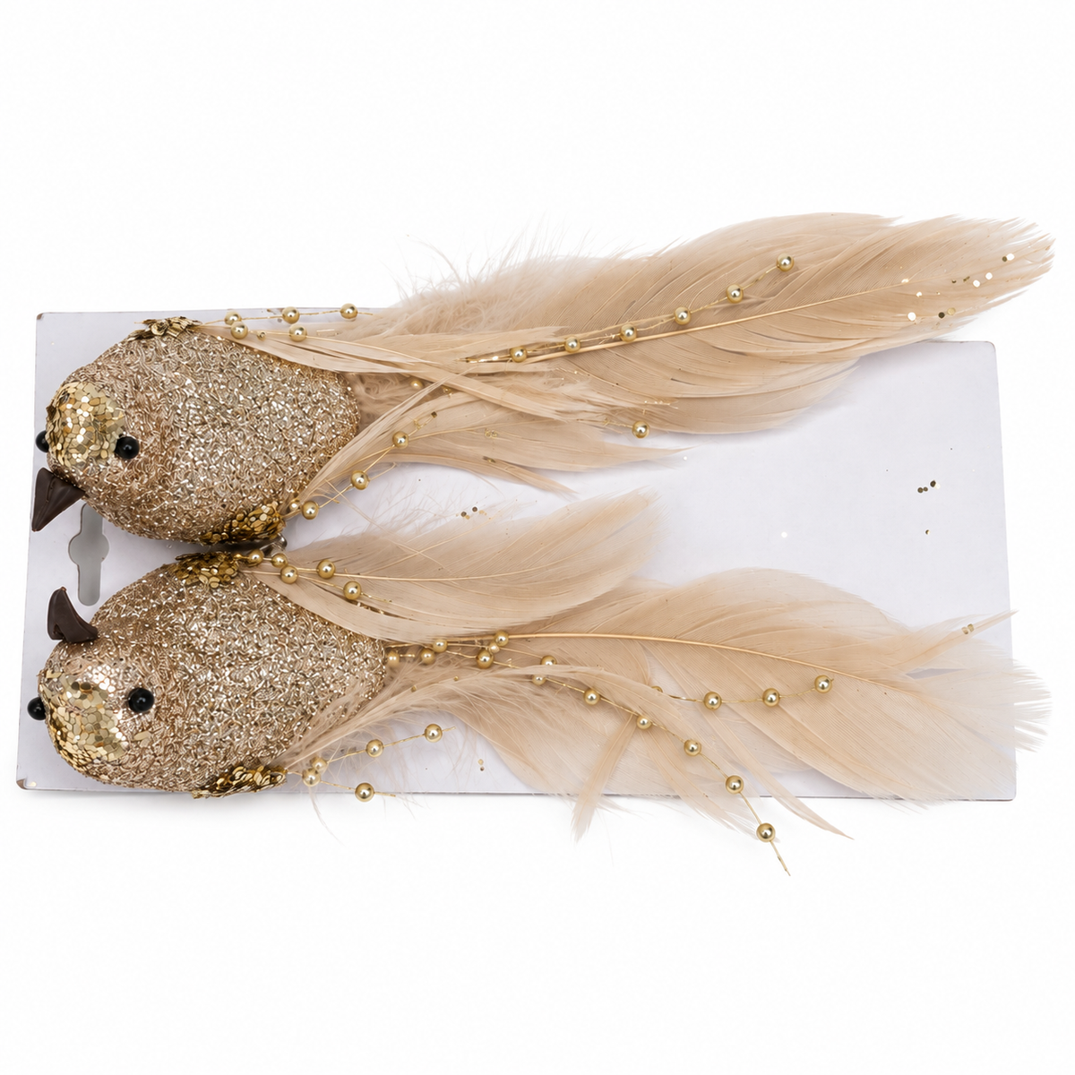 Set of 2 Champagne Gold Feather Bird Clip-On Ornaments
