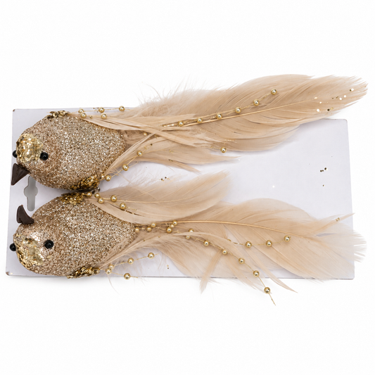 Set of 2 Champagne Gold Feather Bird Clip-On Ornaments