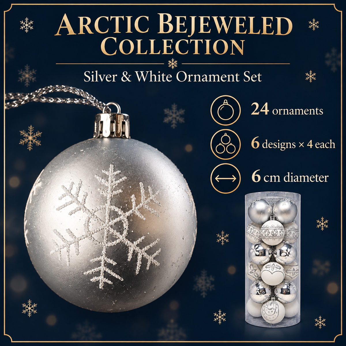 24-Piece Silver and White Christmas Bauble Set - 6cm
