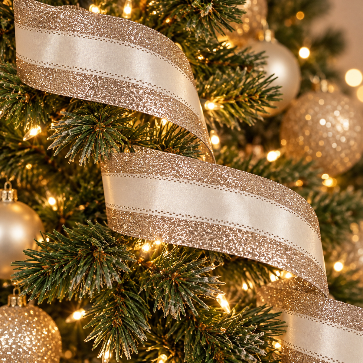 Champagne Glitter & Ivory Christmas Ribbon – 2 m