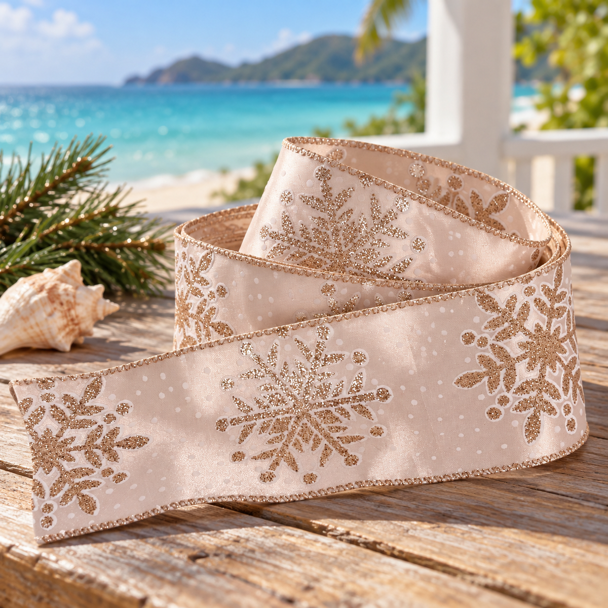 Champagne Glitter Snowflake Christmas Ribbon – 2 m