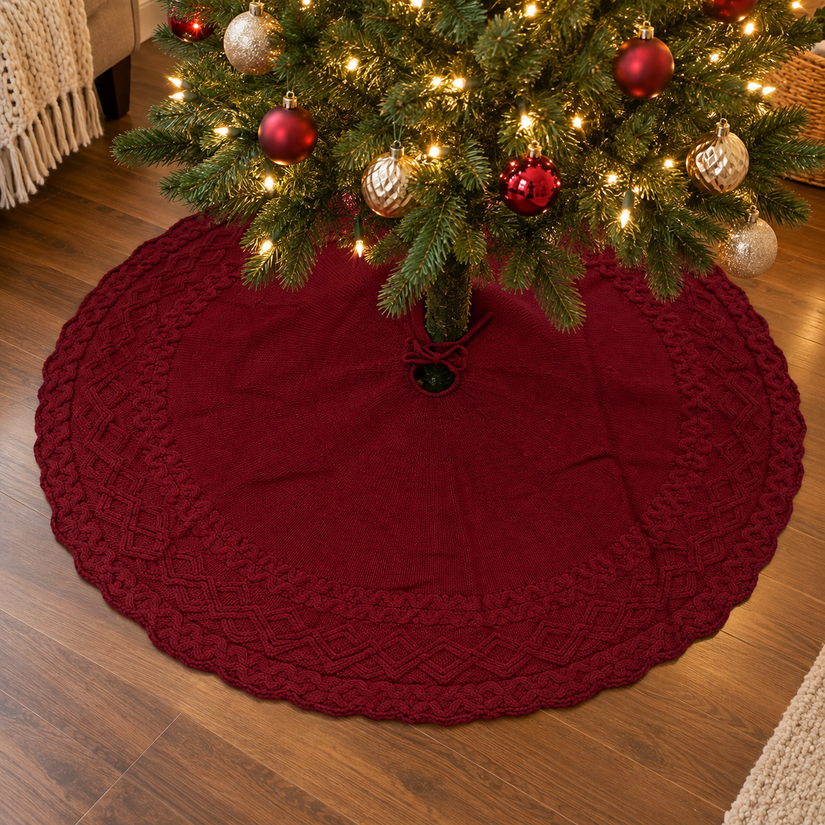 Burgundy Knit Christmas Tree Skirt – 48 Inches