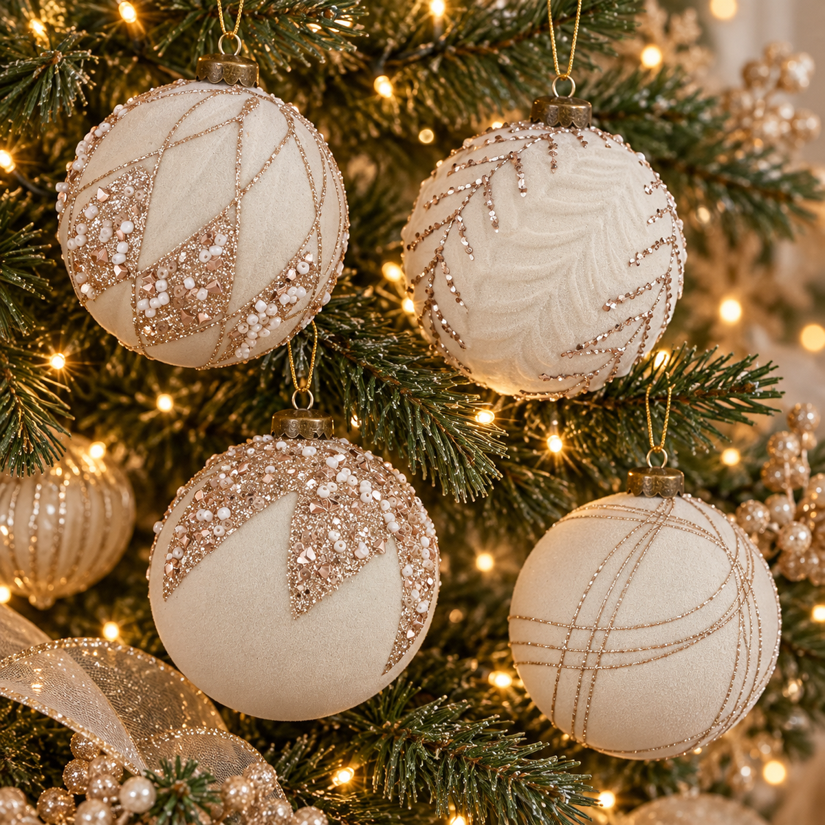 Ivory & Champagne Christmas Baubles – 12-Piece Set, 8 cm