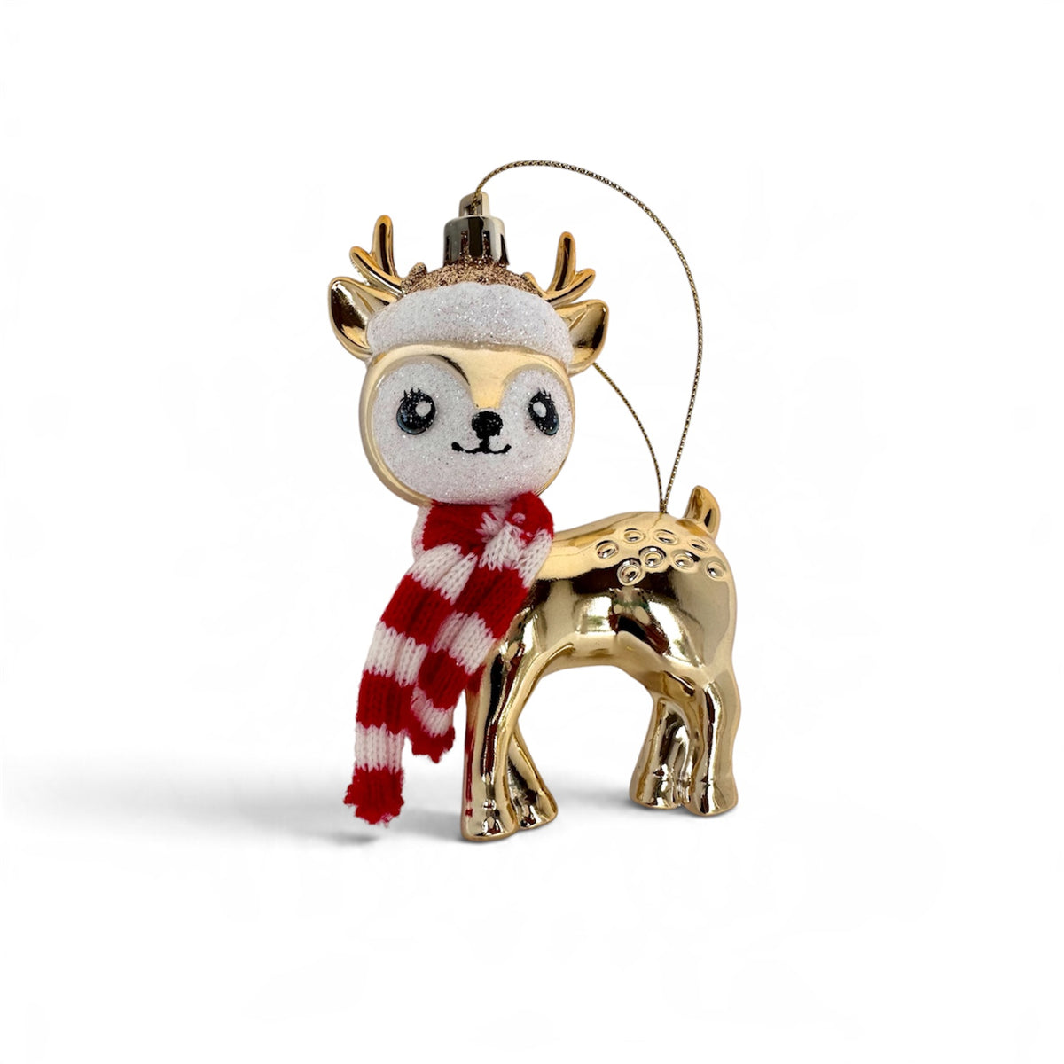 Gold Reindeer Christmas Ornament with Striped Scarf