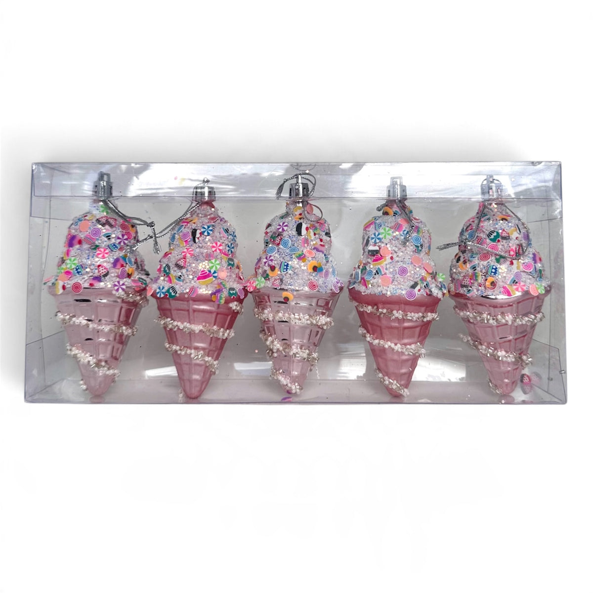 Pink Ice Cream Cone Christmas Ornaments – Set of 5