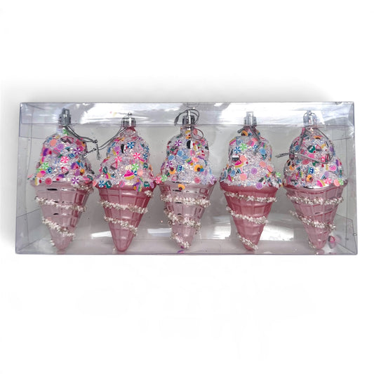 Pink Ice Cream Cone Christmas Ornaments – Set of 5