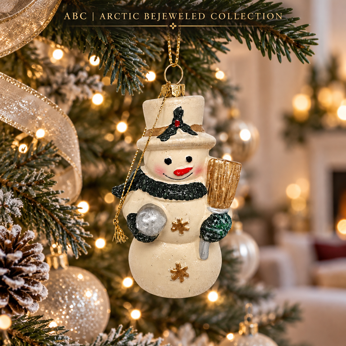 Ivory Snowman Christmas Ornament with Broom