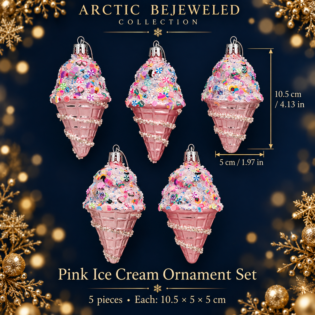 Pink Ice Cream Cone Christmas Ornaments – Set of 5