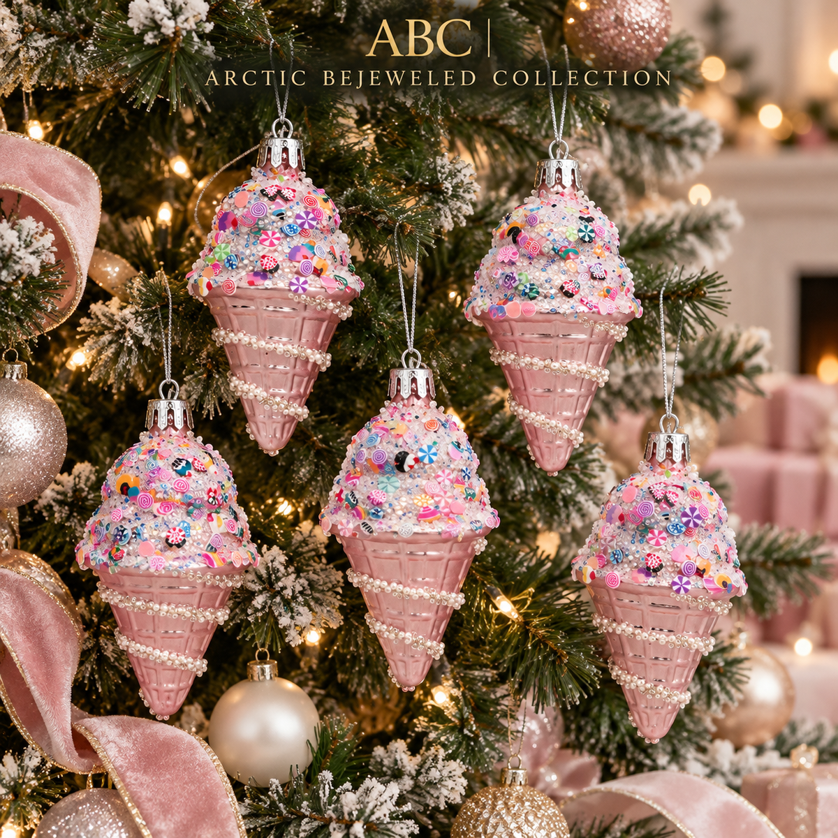 Pink Ice Cream Cone Christmas Ornaments – Set of 5