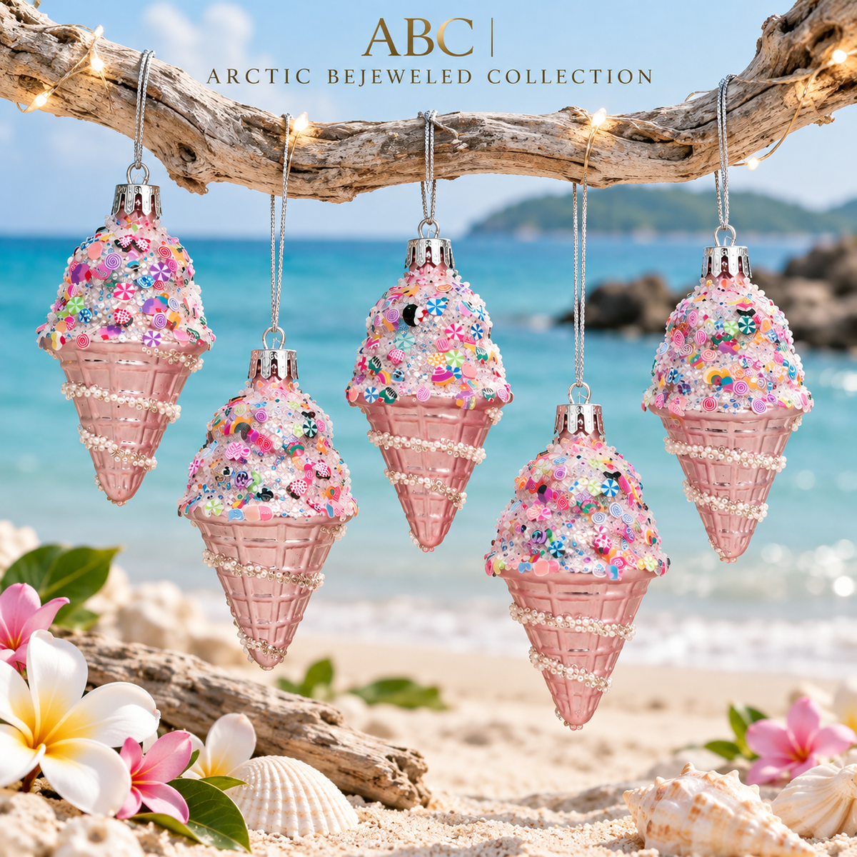 Pink Ice Cream Cone Christmas Ornaments – Set of 5