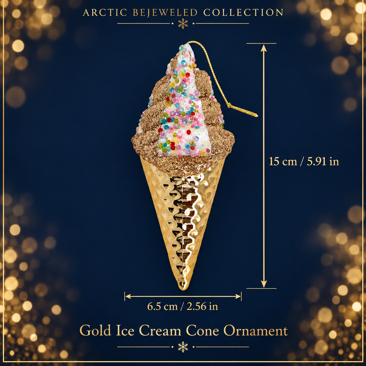 Gold Ice Cream Cone Christmas Ornament
