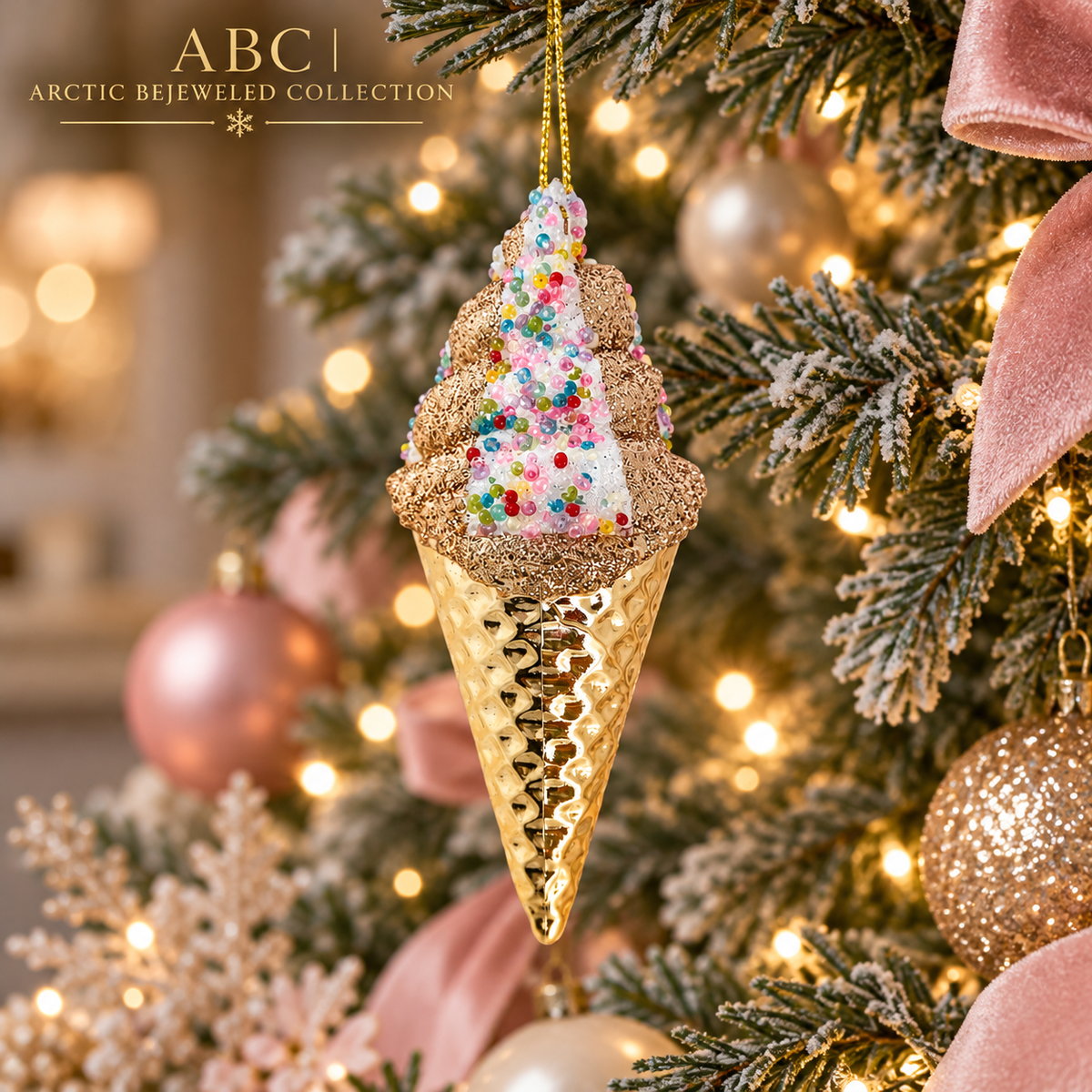 Gold Ice Cream Cone Christmas Ornament