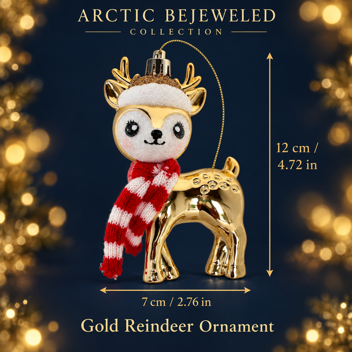Gold Reindeer Christmas Ornament with Striped Scarf