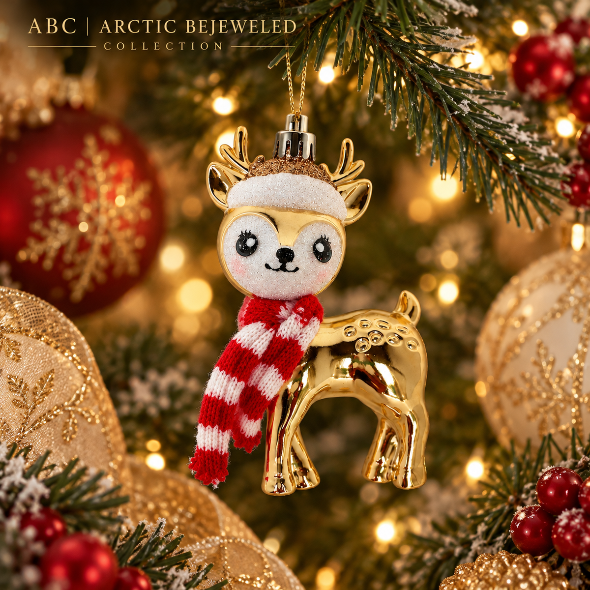 Gold Reindeer Christmas Ornament with Striped Scarf