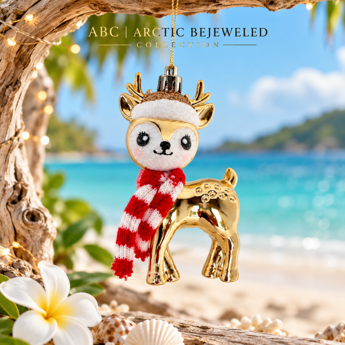 Gold Reindeer Christmas Ornament with Striped Scarf