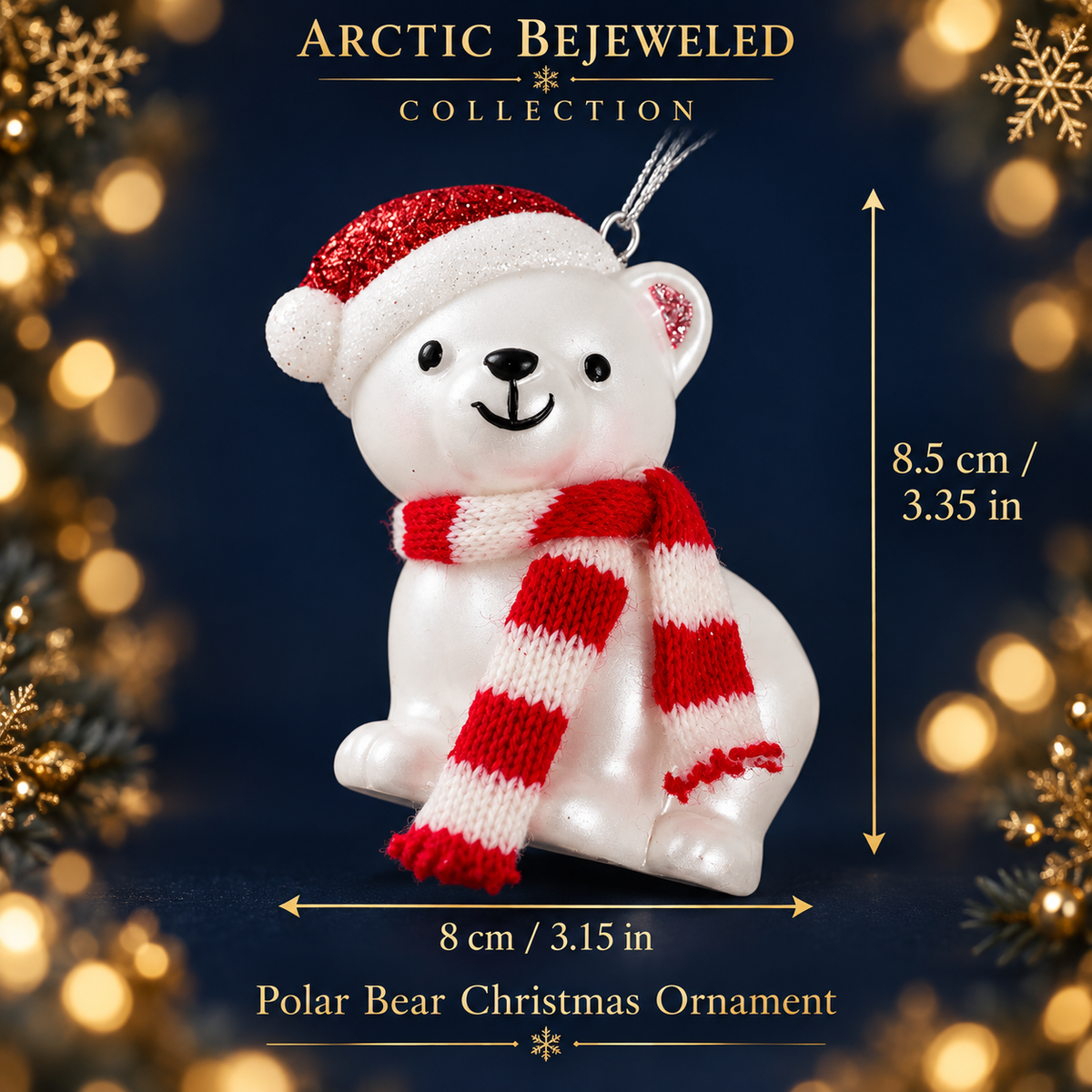 Polar Bear Christmas Ornament with Santa Hat & Scarf