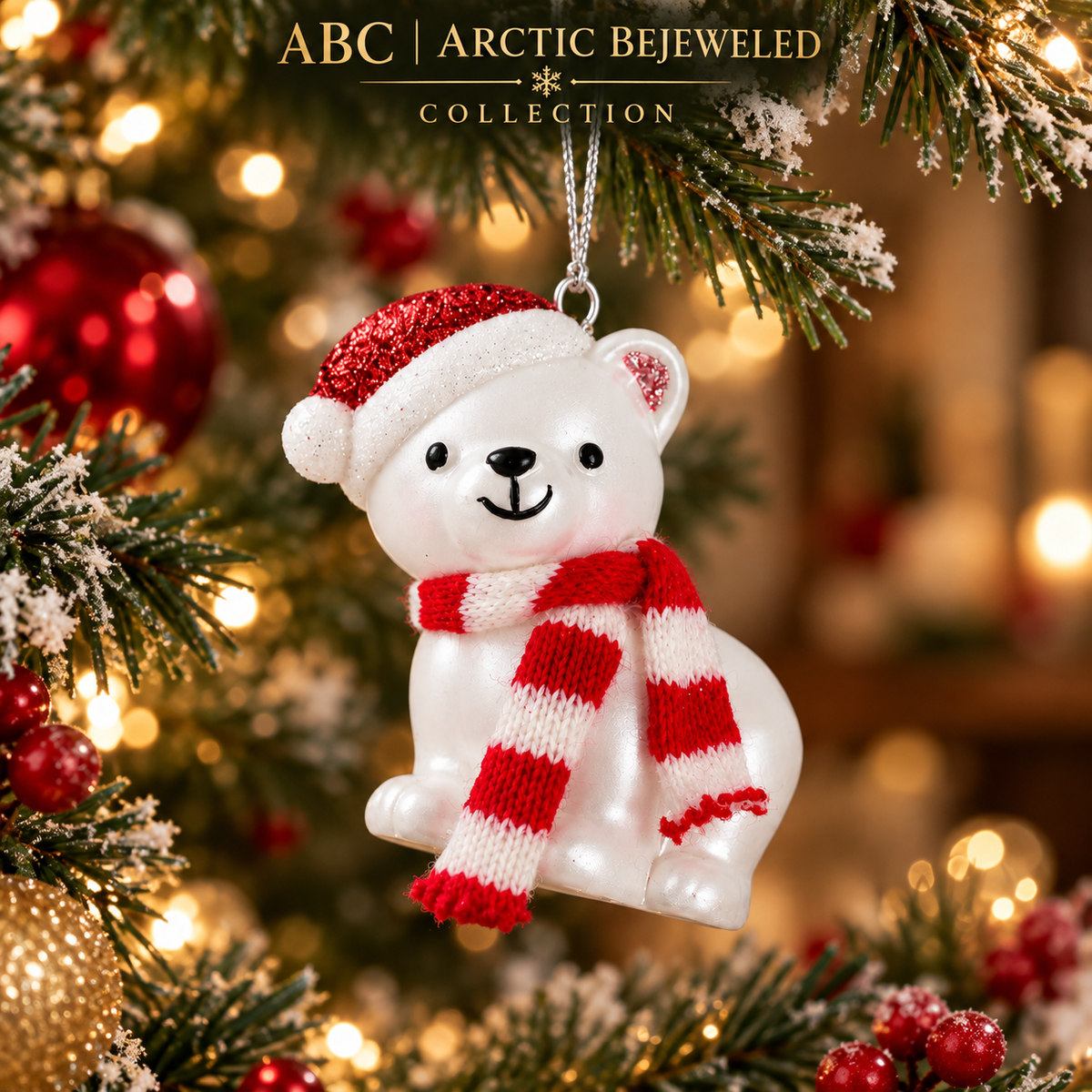 Polar Bear Christmas Ornament with Santa Hat & Scarf