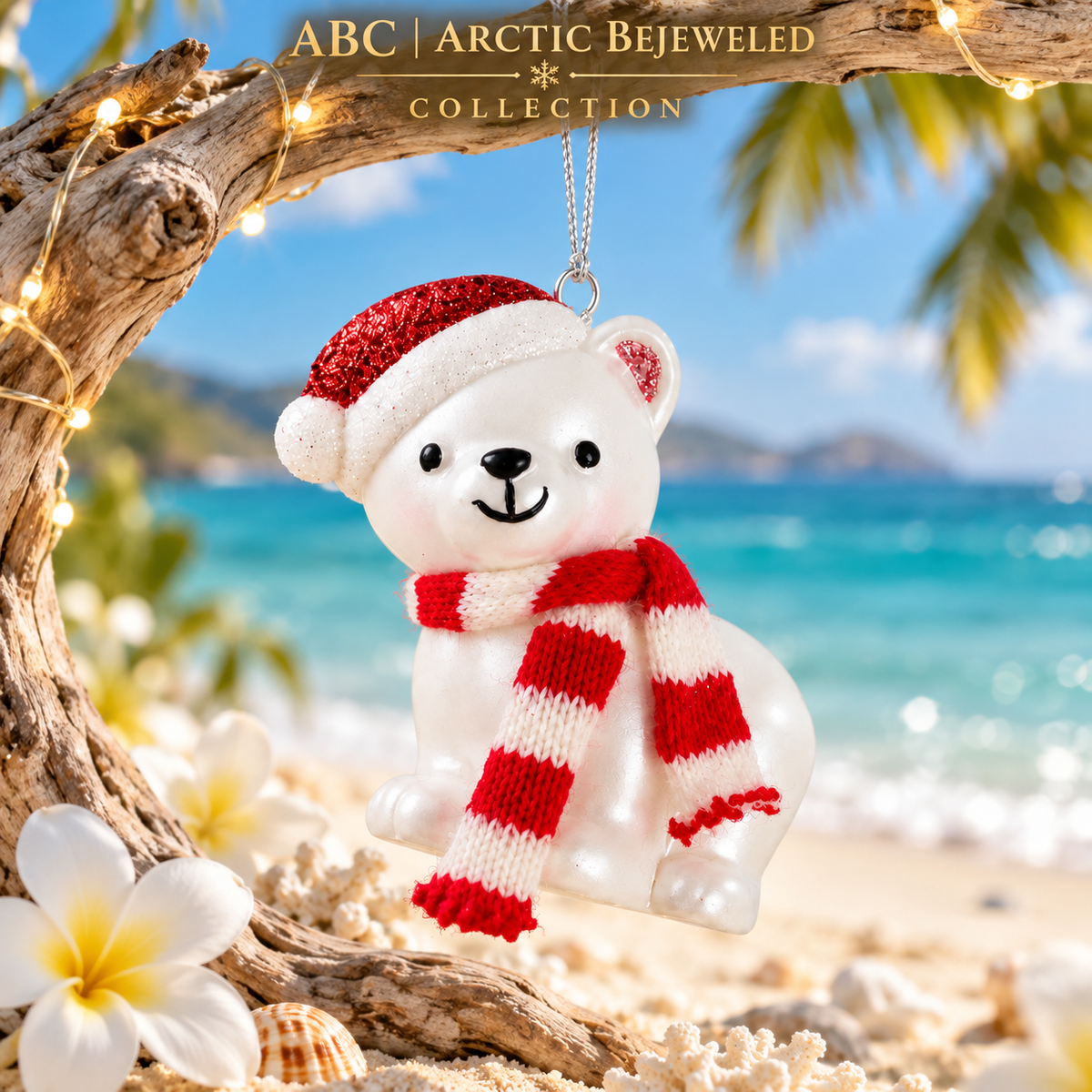 Polar Bear Christmas Ornament with Santa Hat & Scarf