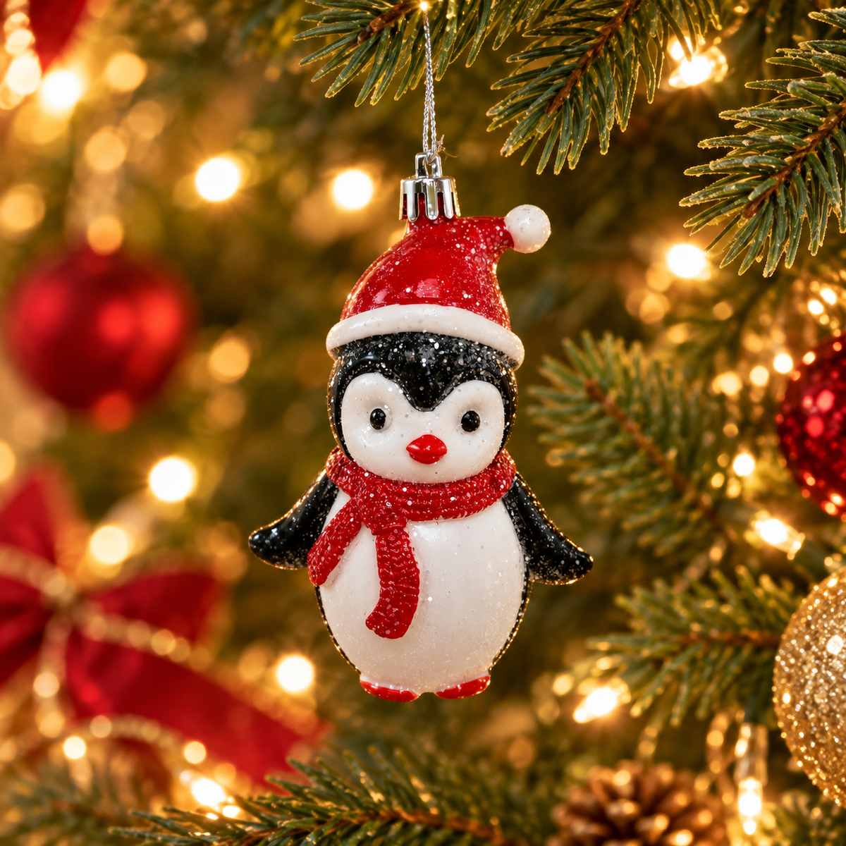 Penguin Christmas Ornament with Santa Hat & Scarf