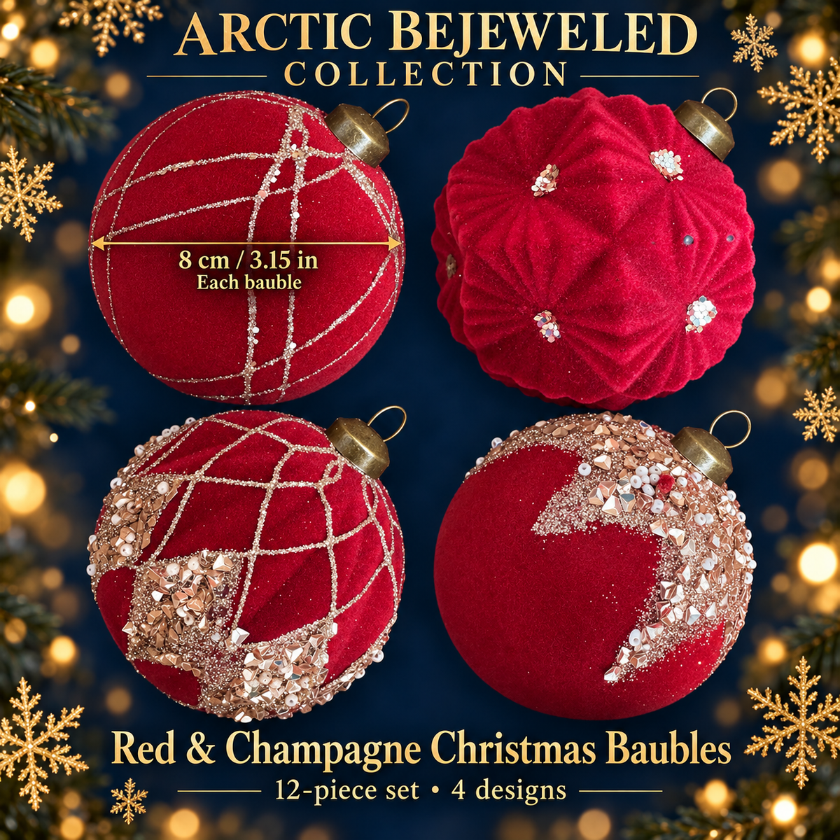 Red & Champagne Christmas Baubles – 12-Piece Set, 8 cm
