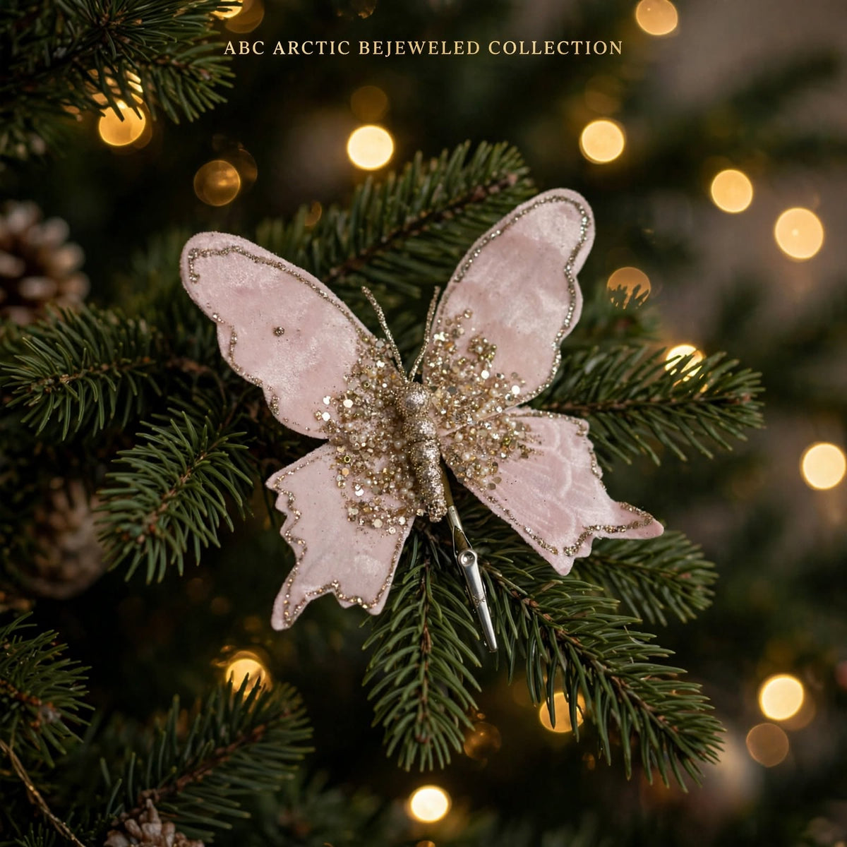 Pink Velvet Butterfly Clip-on Christmas Ornament.