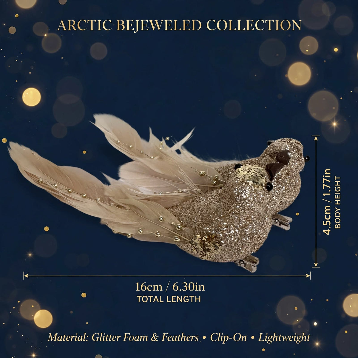 Set of 2 Champagne Gold Feather Bird Clip-On Ornaments