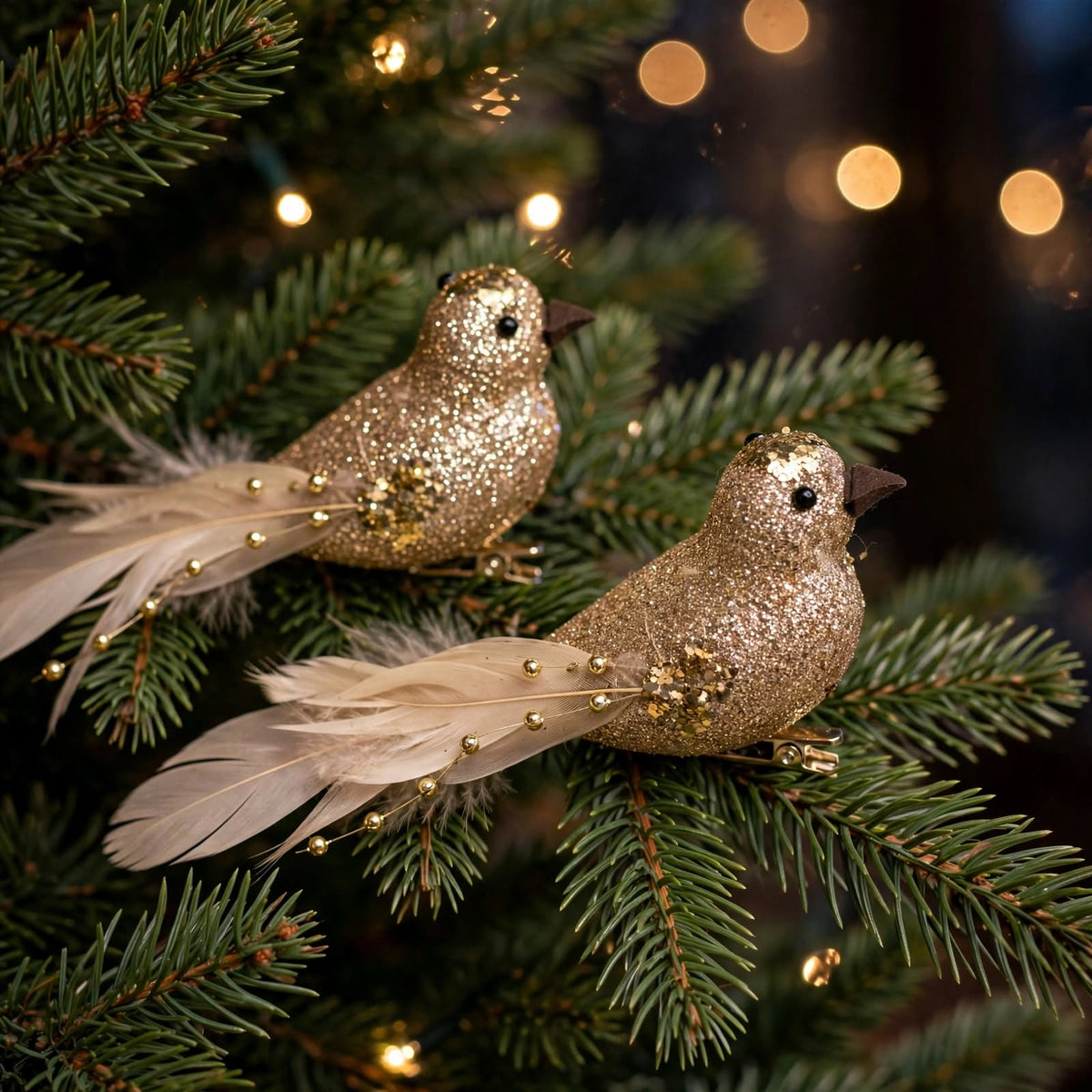 Set of 2 Champagne Gold Feather Bird Clip-On Ornaments