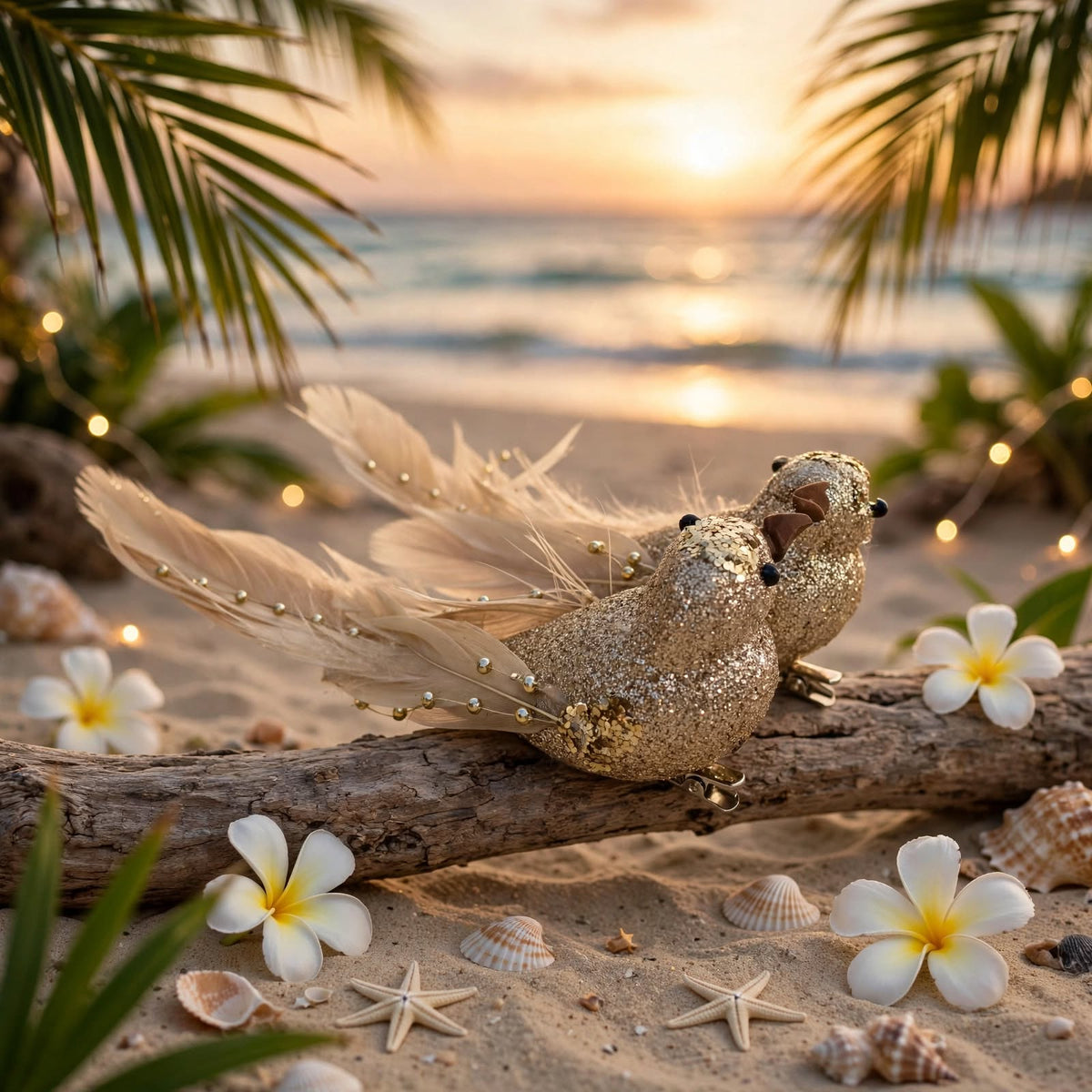 Set of 2 Champagne Gold Feather Bird Clip-On Ornaments