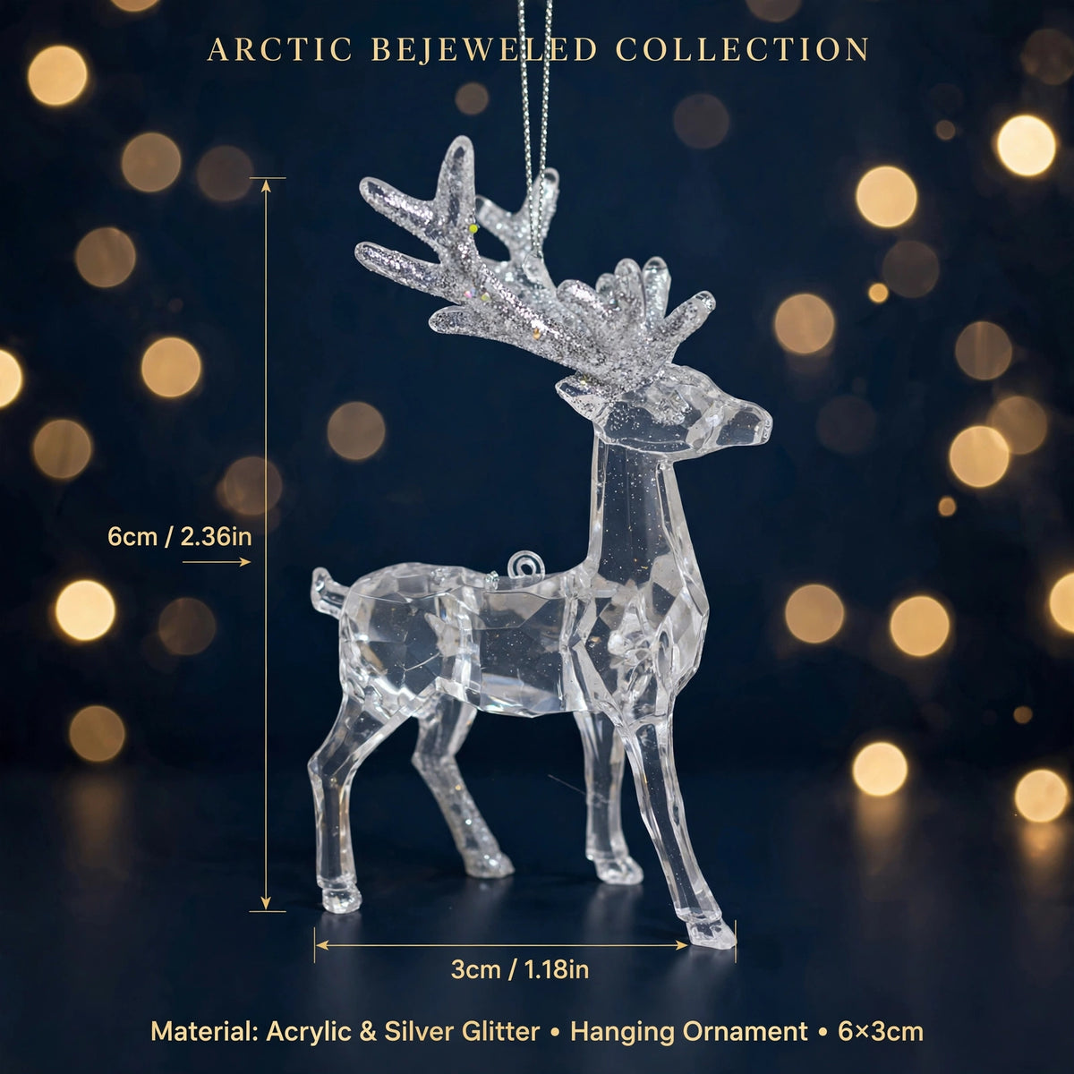 Clear Reindeer Christmas Ornament with Silver Glitter Antlers