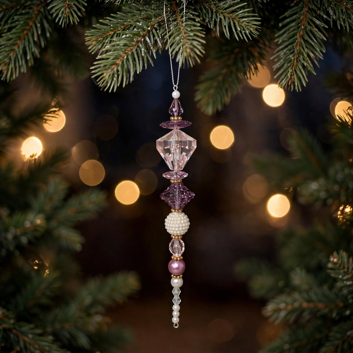 Purple and Pearl Beaded Icicle Christmas Ornament