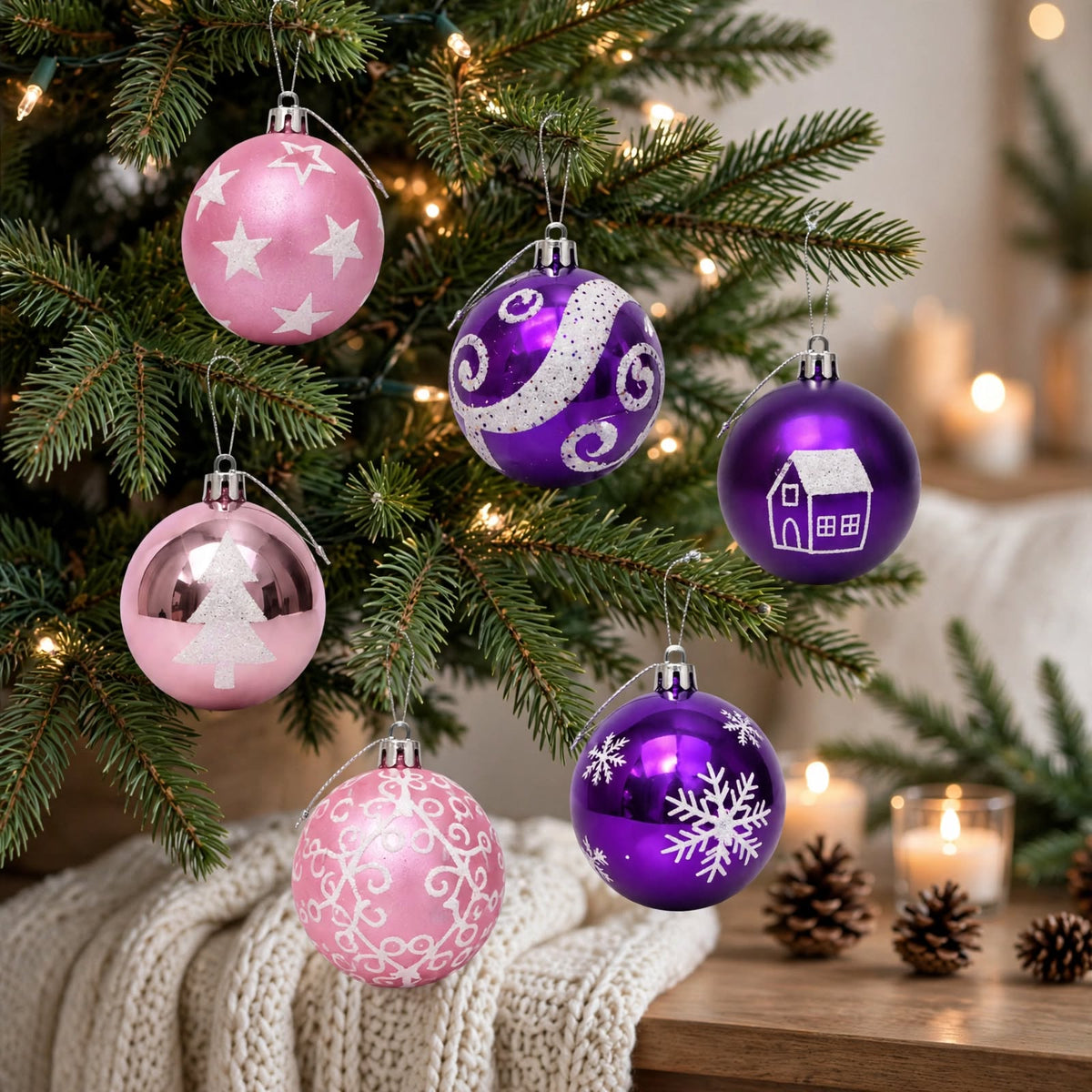 24-Piece Purple & Pink Christmas Bauble Set - 6cm