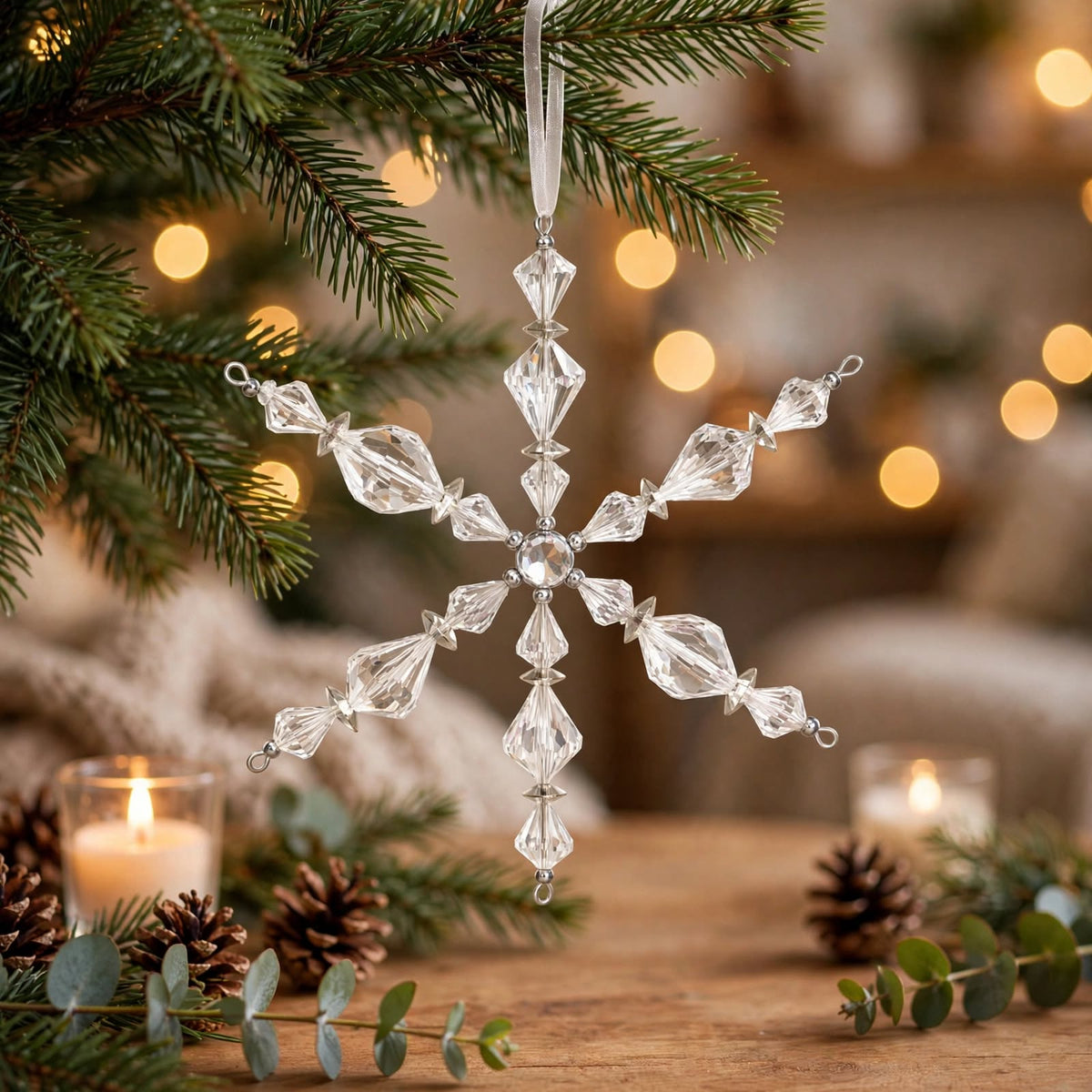 Clear Faceted Bead Snowflake Christmas Ornament