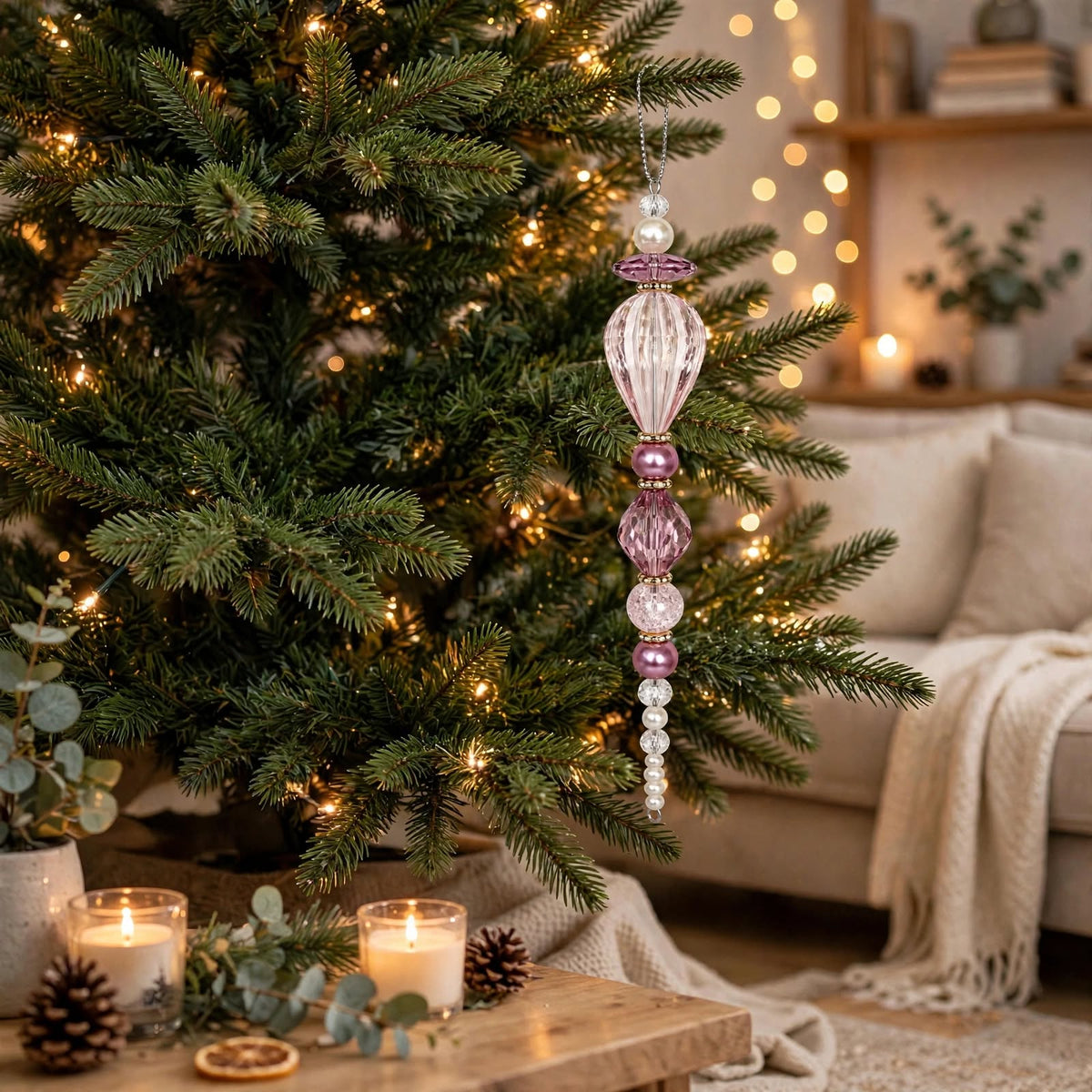 Purple and Clear Beaded Drop Christmas Ornament